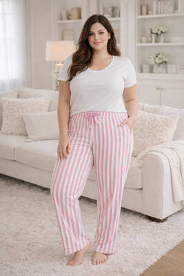 Remsa - Büyük Beden Kadın Çizgi Desen Viskon Kumaş Penye Battal Tek Pijama Alt 11 Pembe (1)