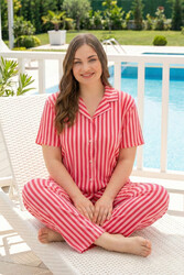 Remsa - Büyük Beden Kadın Çizgi Desenli Kısa Kol Milan Kumaş Pijama Takımı 859 Fuşya