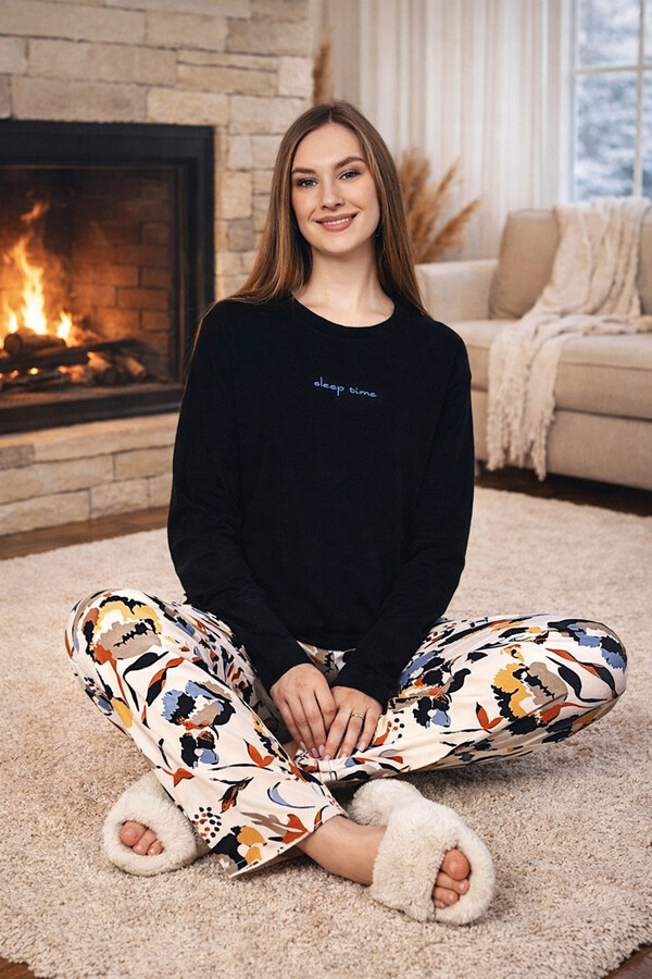 Büyük Beden Kadın Desenli Saphire Pijama Takımı 0531 Siyah09 - Thumbnail