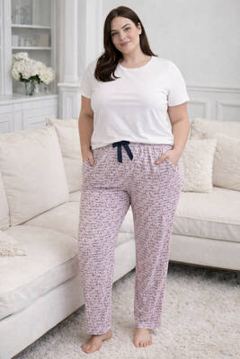 Remsa - Büyük Beden Kadın Desenli Viskon Kumaş Penye Battal Tek Pijama Alt 09 Pudra