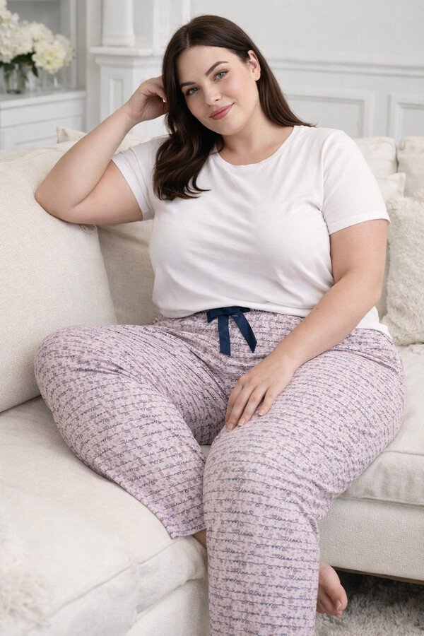 Büyük Beden Kadın Desenli Viskon Kumaş Penye Battal Tek Pijama Alt 09 Pudra - Thumbnail