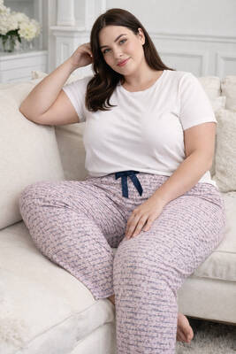 Remsa - Büyük Beden Kadın Desenli Viskon Kumaş Penye Battal Tek Pijama Alt 09 Pudra (1)