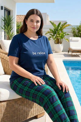Remsa - Büyük Beden Kadın Ekose Desenli Kısa Kol Milan Kumaş Pijama Takımı 1615 Lacivert (1)