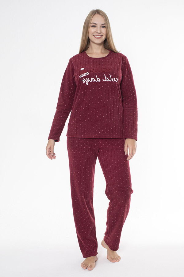 Büyük Beden Kadın Fitilli Kadife Pijama Takımı 24320 Bordo