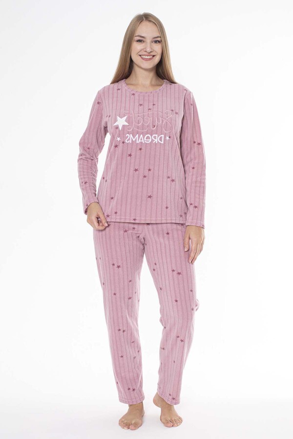 Büyük Beden Kadın Fitilli Kadife Pijama Takımı 24320 Pudra