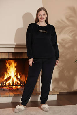 Remsa - Büyük Beden Kadın Kadife Baskılı Pijama Takım 25394 Siyah