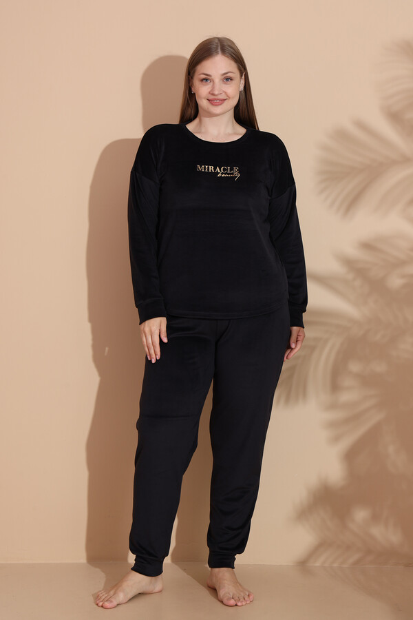 Büyük Beden Kadın Kadife Baskılı Pijama Takım 25394 Siyah - Thumbnail