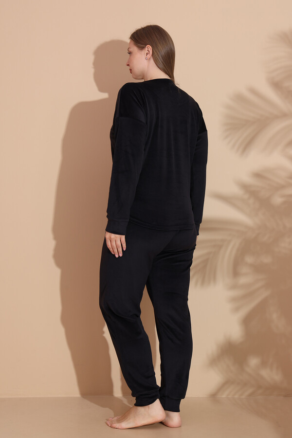 Büyük Beden Kadın Kadife Baskılı Pijama Takım 25394 Siyah - Thumbnail