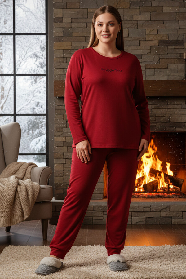 Büyük Beden Kadın Kadife Kumaş Pijama Takımı 13212 Kırmızı - Thumbnail