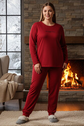 Remsa - Büyük Beden Kadın Kadife Kumaş Pijama Takımı 13212 Kırmızı