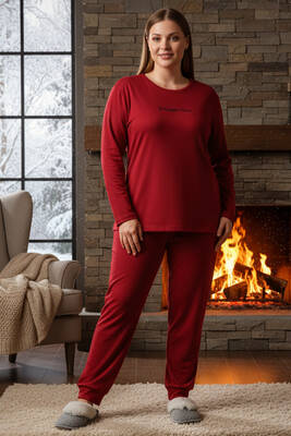 Remsa - Büyük Beden Kadın Kadife Kumaş Pijama Takımı 13212 Kırmızı
