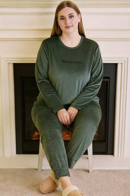 Remsa - Büyük Beden Kadın Kadife Kumaş Pijama Takımı 13212 Mint (1)