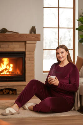 Remsa - Büyük Beden Kadın Kadife Kumaş Pijama Takımı 13212 Mürdüm