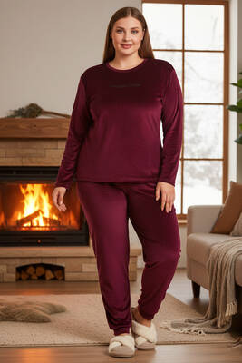 Remsa - Büyük Beden Kadın Kadife Kumaş Pijama Takımı 13212 Mürdüm (1)