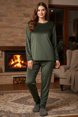 Remsa - Büyük Beden Kadın Kadife Kumaş Pijama Takımı 13213-2897 Haki