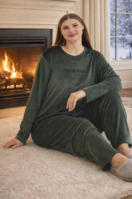 Remsa - Büyük Beden Kadın Kadife Kumaş Pijama Takımı 13213-2897 Haki (1)