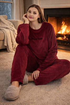 Remsa - Büyük Beden Kadın Kadife Kumaş Pijama Takımı 13213-2957 Bordo