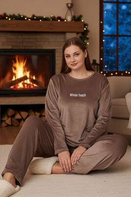 Remsa - Büyük Beden Kadın Kadife Kumaş Pijama Takımı 13213-2975 Açık Kahverengi