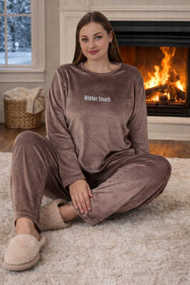 Remsa - Büyük Beden Kadın Kadife Kumaş Pijama Takımı 13213-2975 Açık Kahverengi (1)