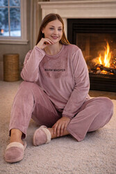 Remsa - Büyük Beden Kadın Kadife Kumaş Pijama Takımı 13213-3017 Pudra01
