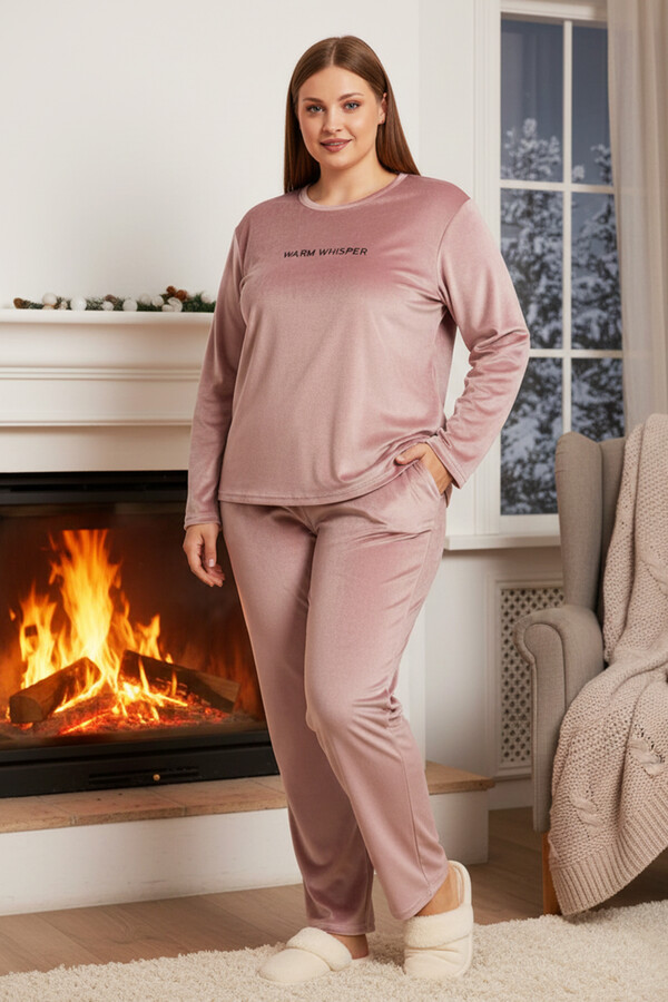 Büyük Beden Kadın Kadife Kumaş Pijama Takımı 13213-3017 Pudra01 - Thumbnail