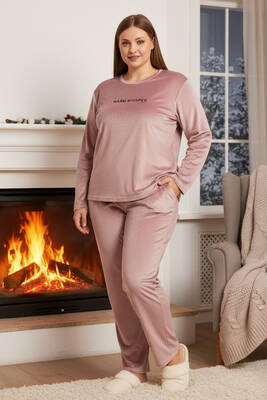 Remsa - Büyük Beden Kadın Kadife Kumaş Pijama Takımı 13213-3017 Pudra01 (1)