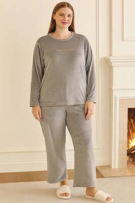 Remsa - Büyük Beden Kadın Kadife Kumaş Pijama Takımı 13213 Açık Gri (1)