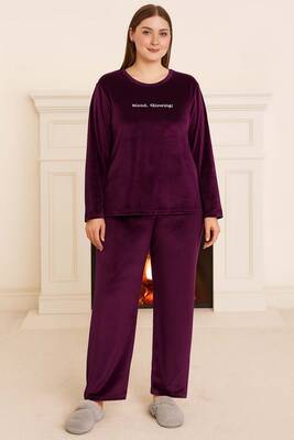 Remsa - Büyük Beden Kadın Kadife Kumaş Pijama Takımı 13213 Mürdüm