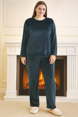 Remsa - Büyük Beden Kadın Kadife Kumaş Pijama Takımı 13213 Petrol (1)