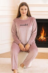 Remsa - Büyük Beden Kadın Kadife Kumaş Pijama Takımı 13213 Pudra