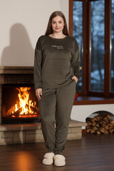 Remsa - Büyük Beden Kadın Kadife Pijama Takımı 25386 Haki