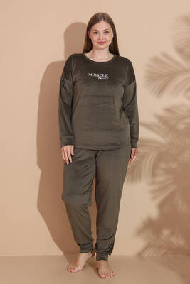 Remsa - Büyük Beden Kadın Kadife Pijama Takımı 25386 Haki (1)
