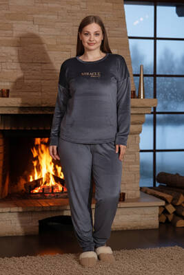 Remsa - Büyük Beden Kadın Kadife Pijama Takımı 25391 Antrasit