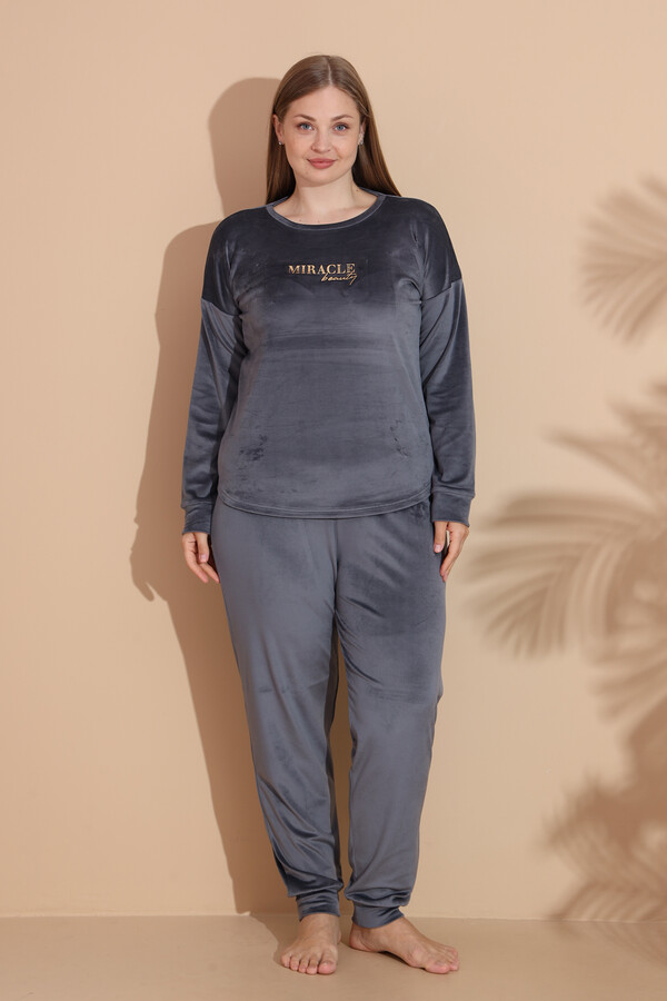 Büyük Beden Kadın Kadife Pijama Takımı 25391 Antrasit - Thumbnail