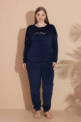 Remsa - Büyük Beden Kadın Kadife Pijama Takımı 25391 Lacivert (1)