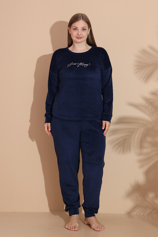 Büyük Beden Kadın Kadife Pijama Takımı 25391 Lacivert - Thumbnail