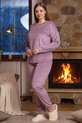 Remsa - Büyük Beden Kadın Kadife Pijama Takımı 25391 Lila