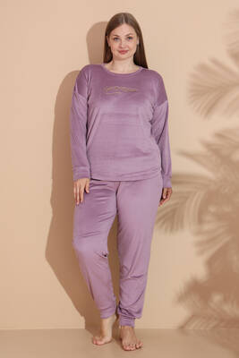 Remsa - Büyük Beden Kadın Kadife Pijama Takımı 25391 Lila (1)
