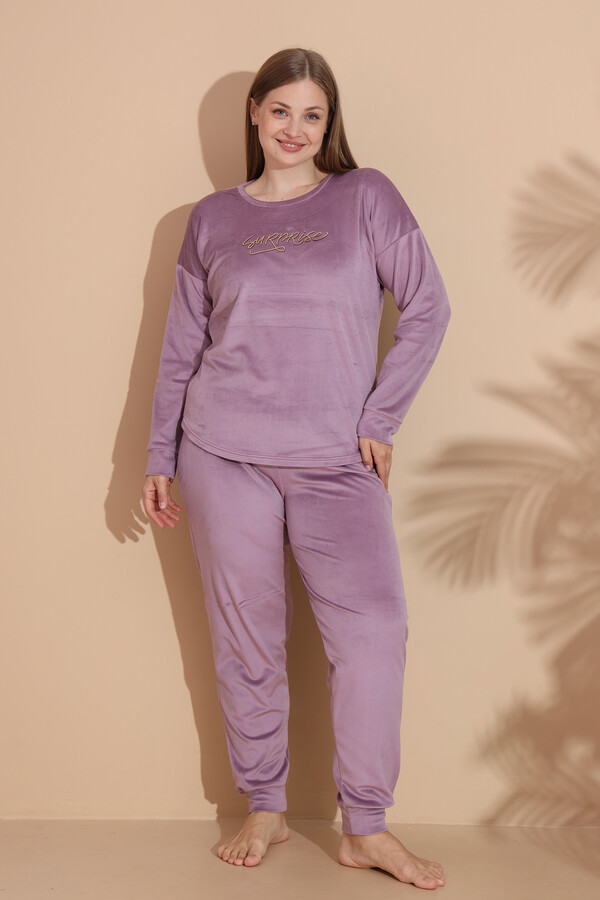 Büyük Beden Kadın Kadife Pijama Takımı 25391 Lila - Thumbnail
