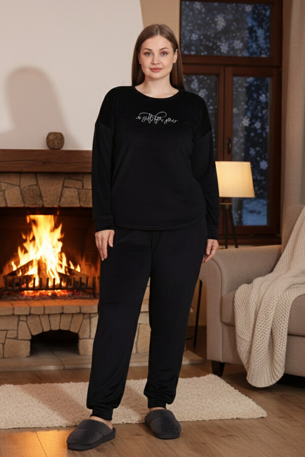 Büyük Beden Kadın Kadife Pijama Takımı 25392 Siyah - Thumbnail