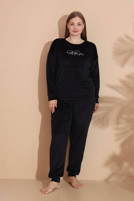 Remsa - Büyük Beden Kadın Kadife Pijama Takımı 25392 Siyah (1)