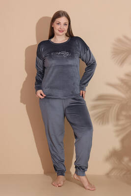 Remsa - Büyük Beden Kadın Kadife Pijama Takımı 25393 Antrasit (1)