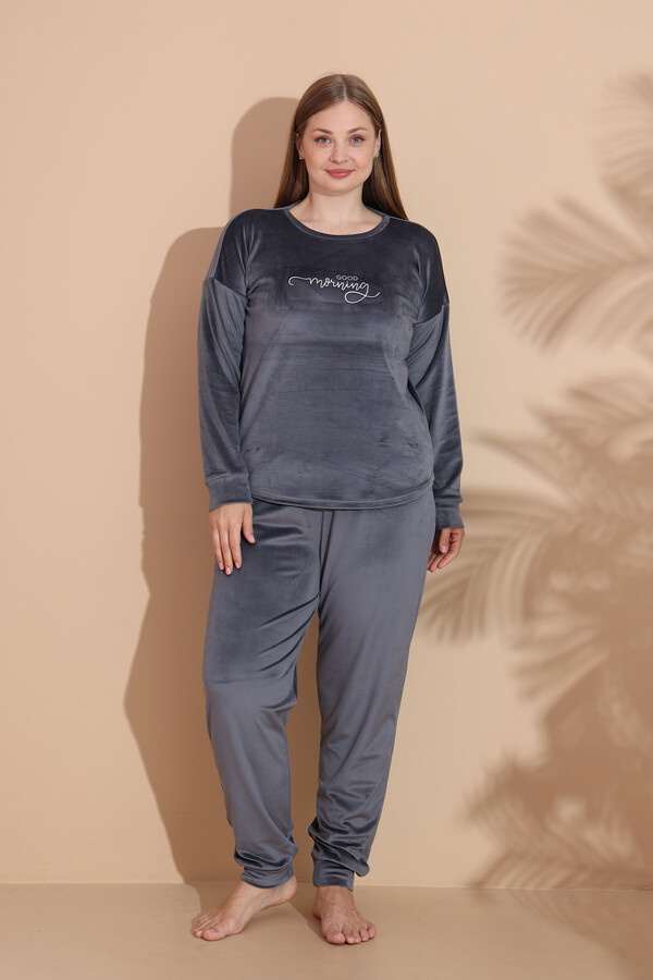 Büyük Beden Kadın Kadife Pijama Takımı 25393 Antrasit - Thumbnail