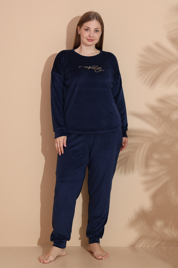 Büyük Beden Kadın Kadife Pijama Takımı 25396 Lacivert - Thumbnail