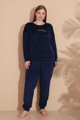 Remsa - Büyük Beden Kadın Kadife Pijama Takımı 25396 Lacivert (1)