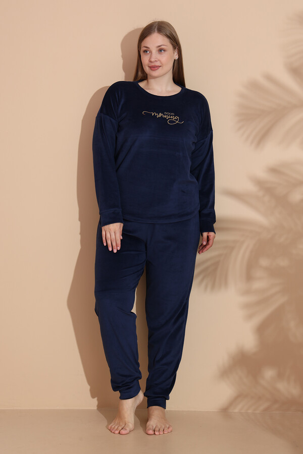 Büyük Beden Kadın Kadife Pijama Takımı 25396 Lacivert - Thumbnail