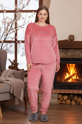 Remsa - Büyük Beden Kadın Kadife Pijama Takımı 25396 Pembe