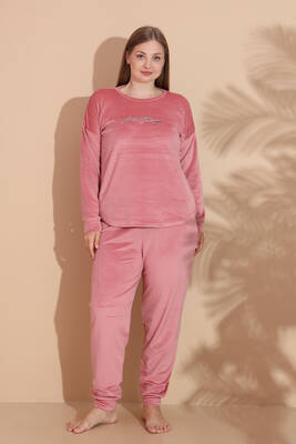Remsa - Büyük Beden Kadın Kadife Pijama Takımı 25396 Pembe (1)