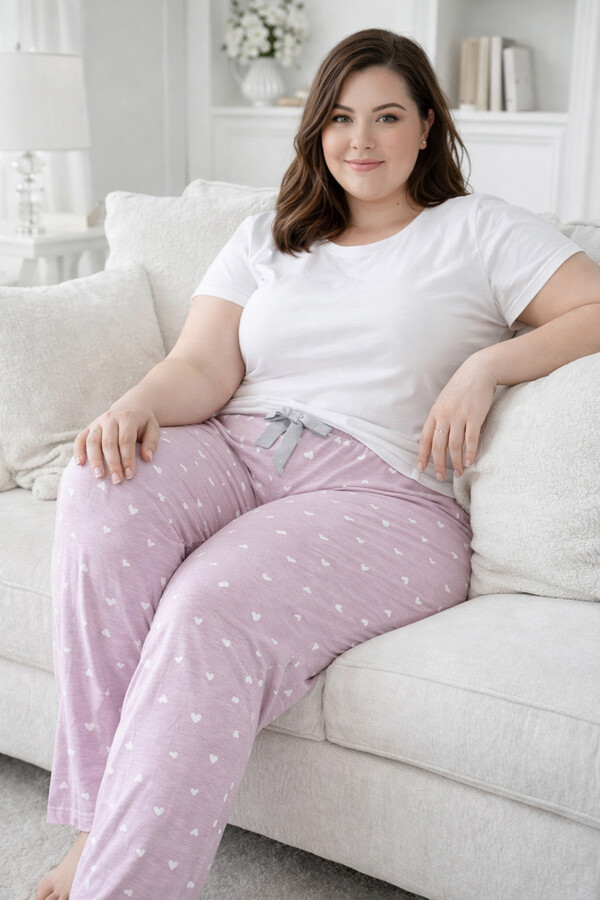 Büyük Beden Kadın Kalp Desen Viskon Kumaş Penye Battal Tek Pijama Alt 02 Gül Kurusu - Thumbnail