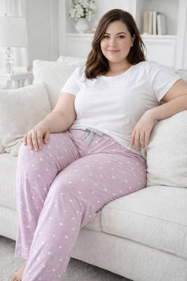 Remsa - Büyük Beden Kadın Kalp Desen Viskon Kumaş Penye Battal Tek Pijama Alt 02 Gül Kurusu